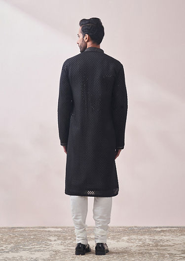 alt message - Twamev Men Midnight Black Chikanakri Kurta Set image number 3