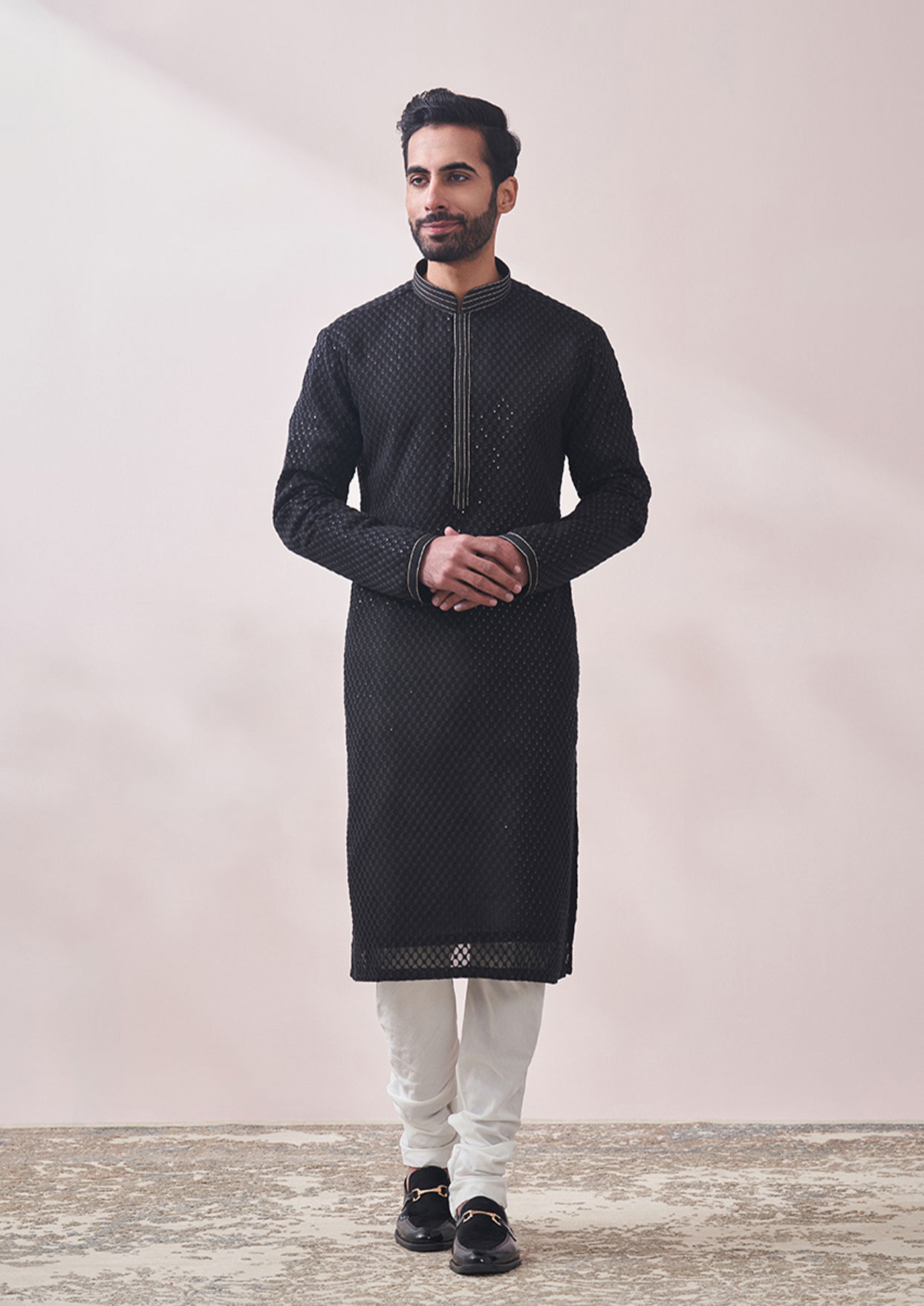 alt message - Twamev Men Midnight Black Chikanakri Kurta Set image number 1