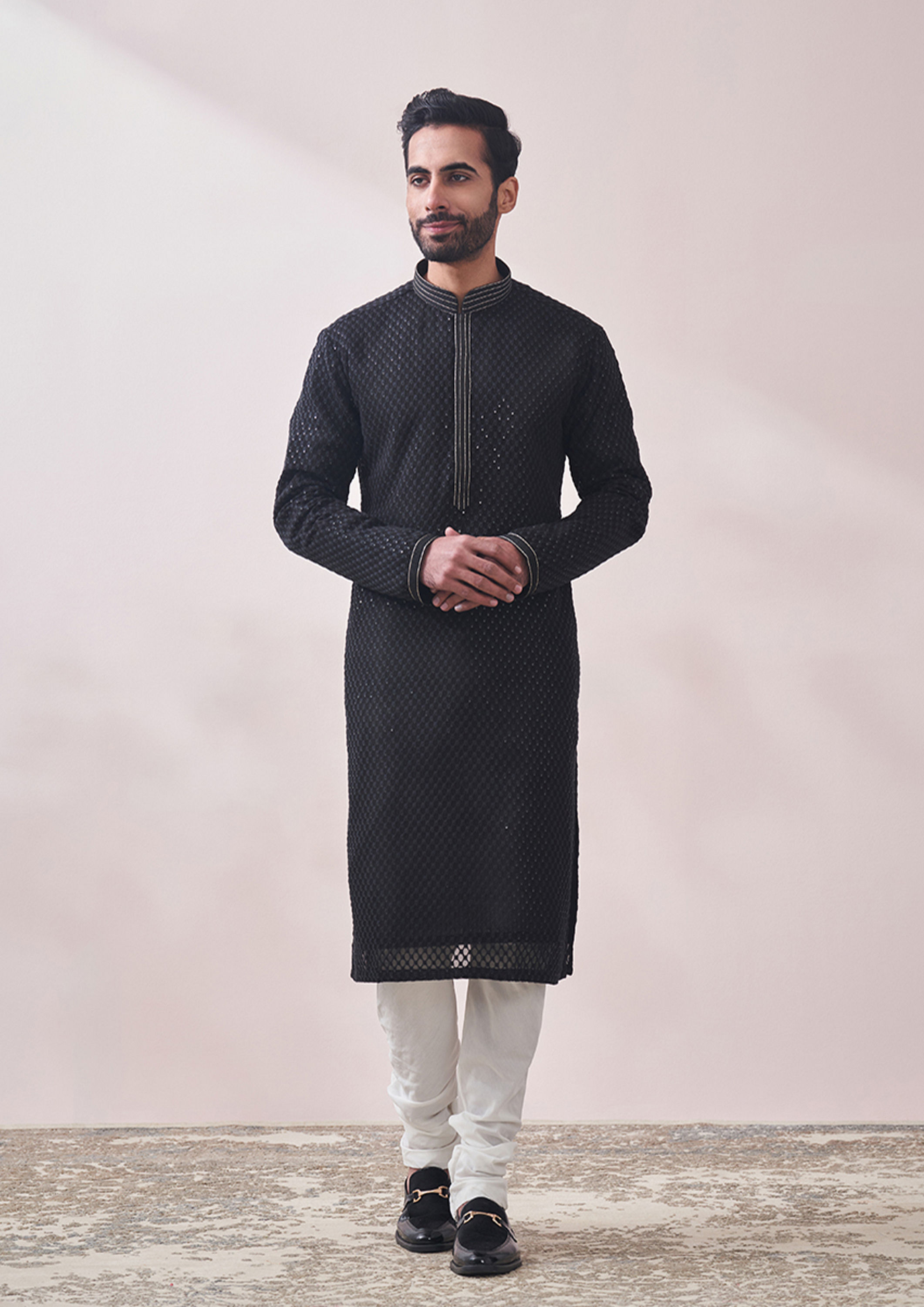 Twamev Men Midnight Black Chikanakri Kurta Set image number 1