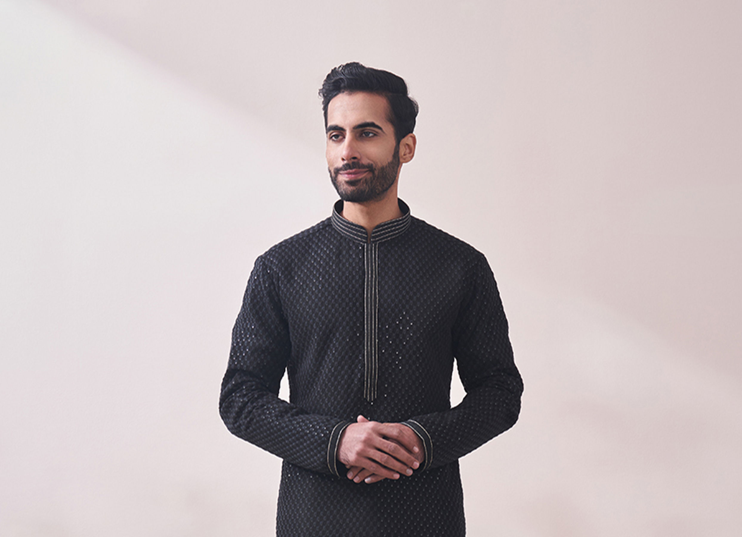 Twamev Men Midnight Black Chikanakri Kurta Set
