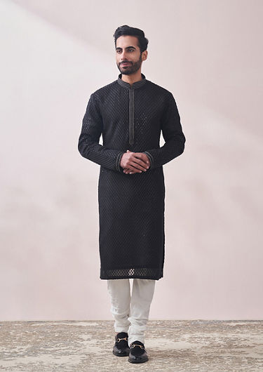 alt message - Twamev Men Midnight Black Chikanakri Kurta Set image number 1