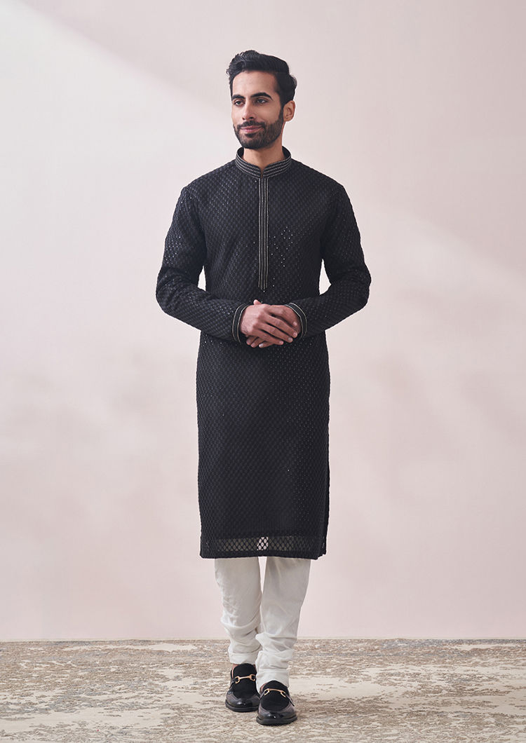 Twamev Men Midnight Black Chikanakri Kurta Set