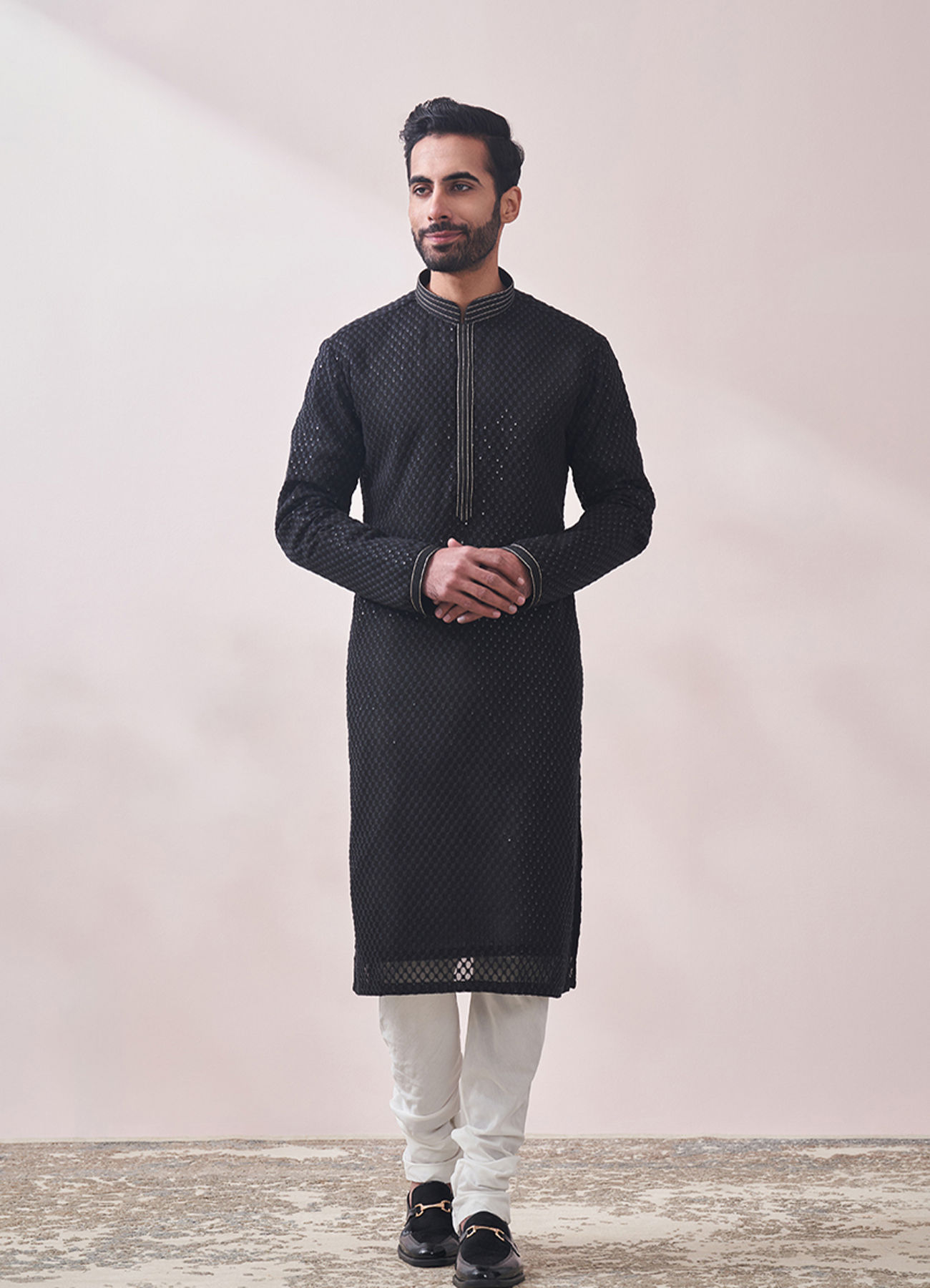 Twamev Men Midnight Black Chikanakri Kurta Set