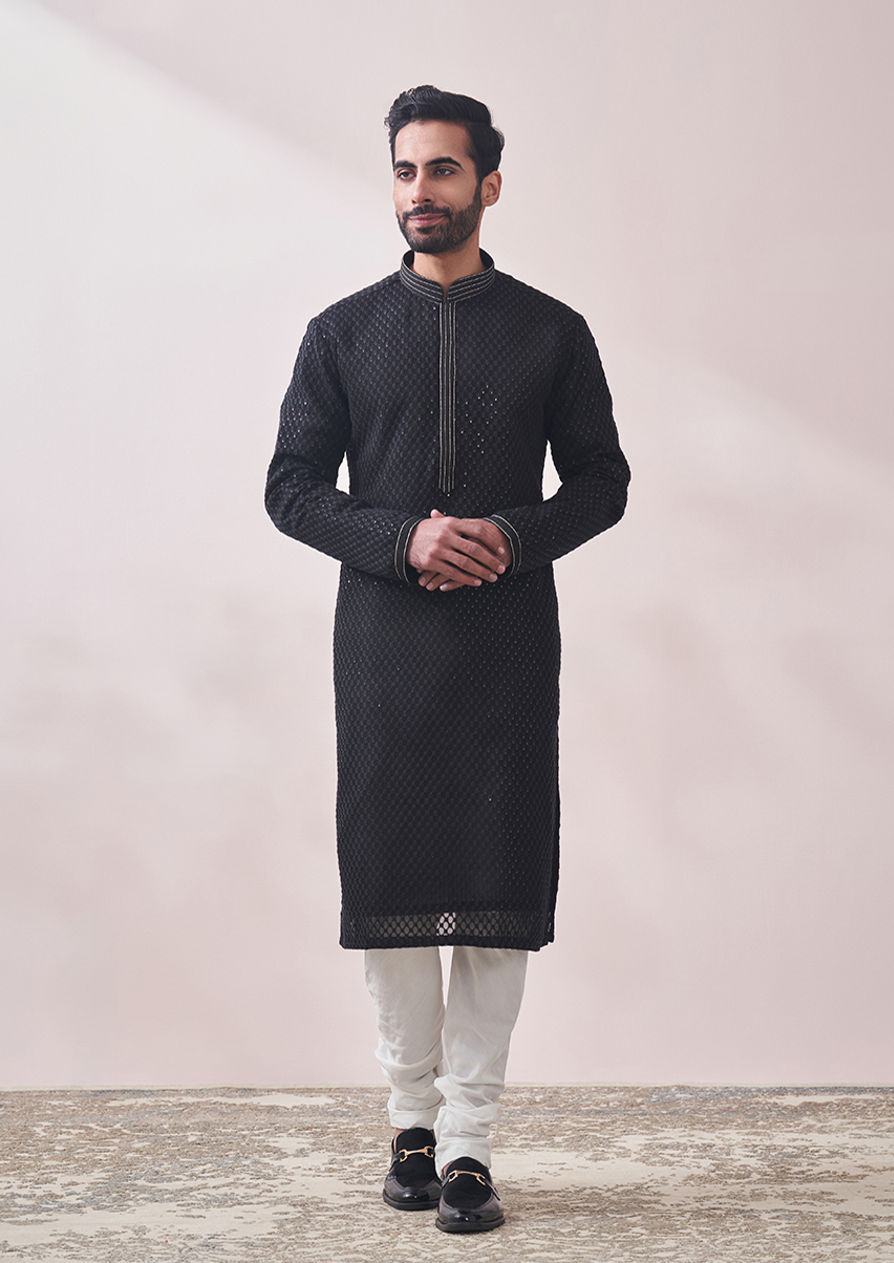 alt message - Twamev Men Midnight Black Chikanakri Kurta Set image number 1