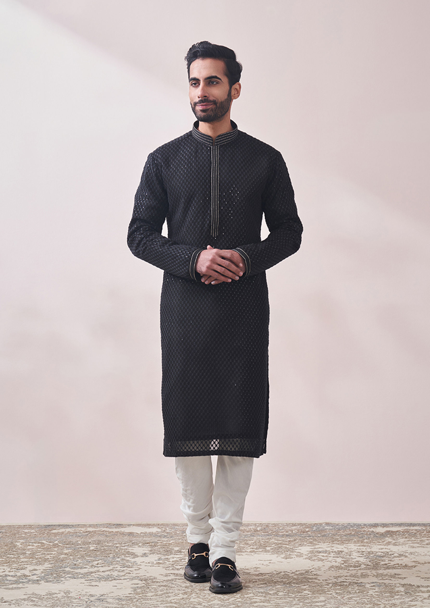 Twamev Men Midnight Black Chikanakri Kurta Set image number 1