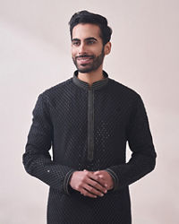 Twamev Men Midnight Black Chikanakri Kurta Set