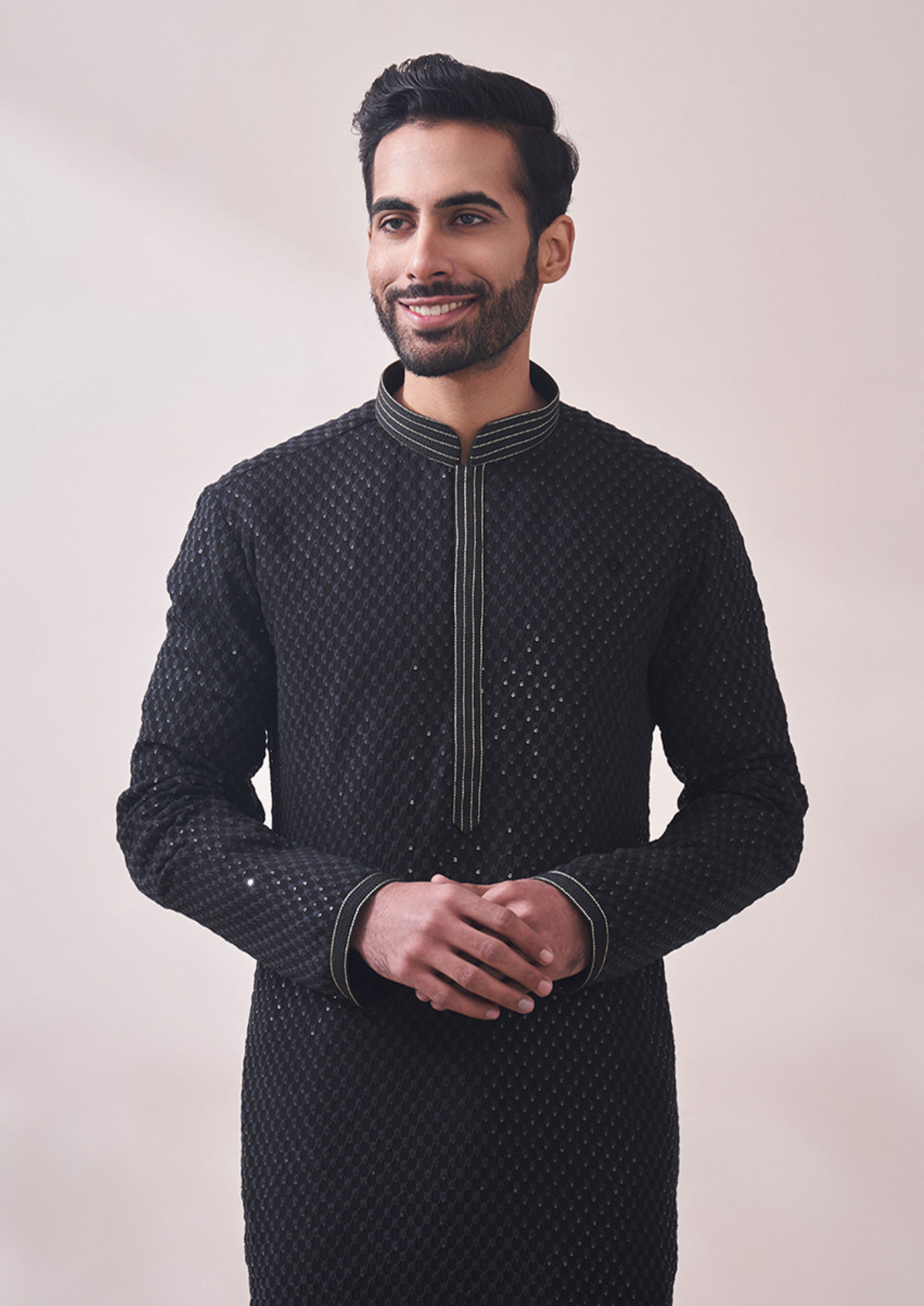 Twamev Men Midnight Black Chikanakri Kurta Set