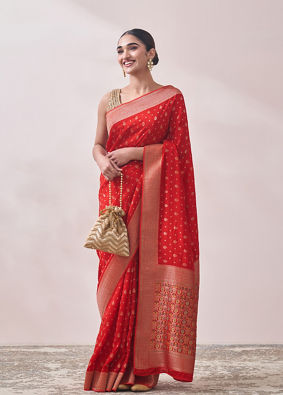 Red Zari Weaved Saree image number 1