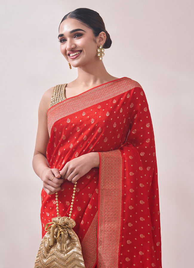 Red Zari Weaved Saree image number 1