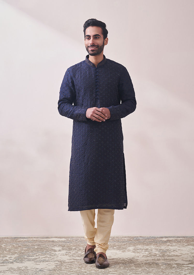 Twamev Men Navy Blue Self Design Kurta Set