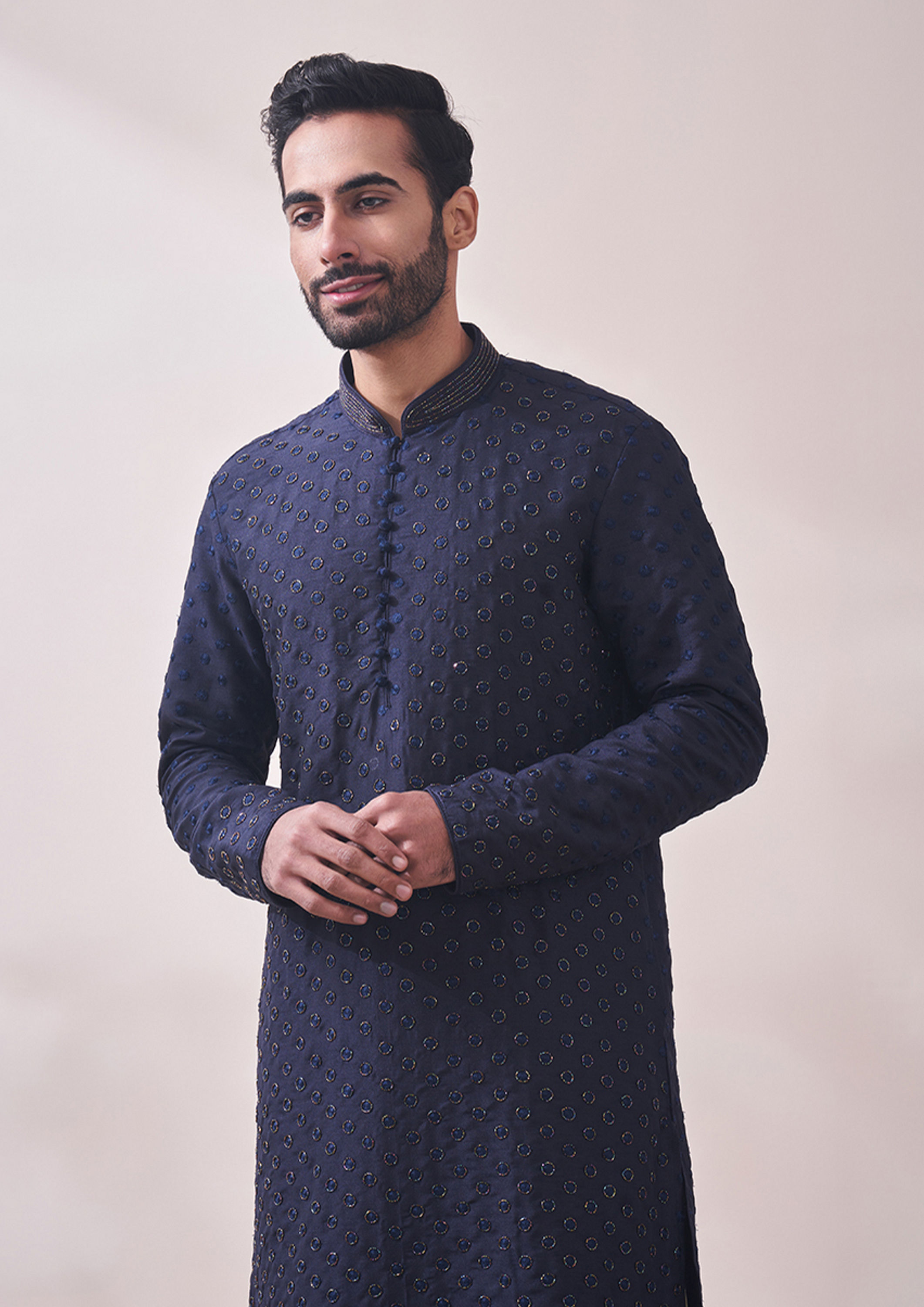 Twamev Men Navy Blue Self Design Kurta Set