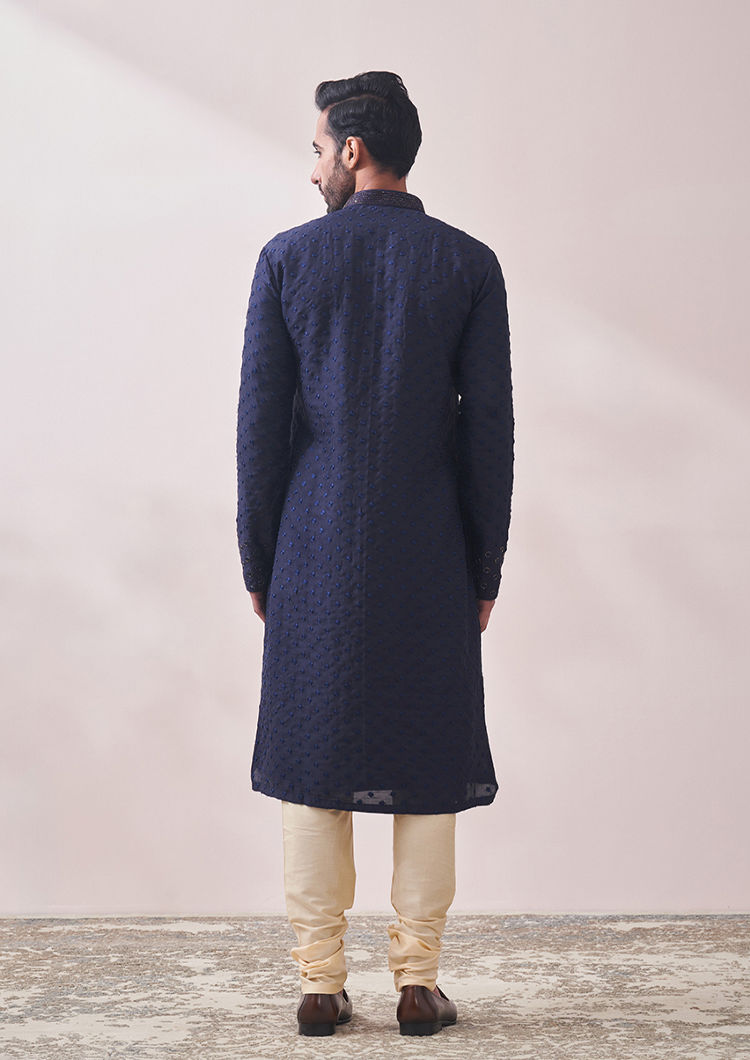 Twamev Men Navy Blue Self Design Kurta Set