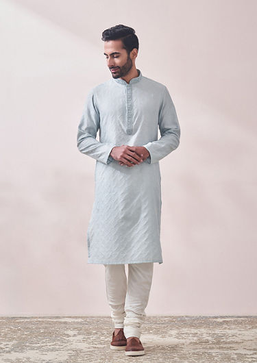 alt message - Twamev Men Powder Blue Kurta Set image number 1