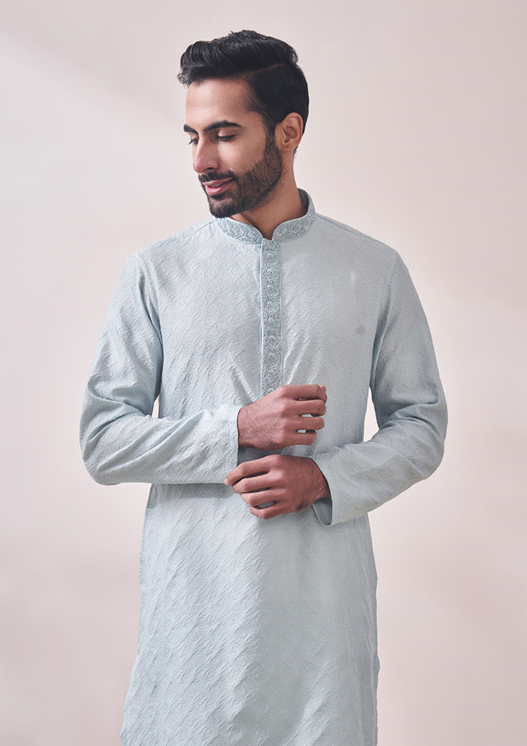 Twamev Men Powder Blue Kurta Set