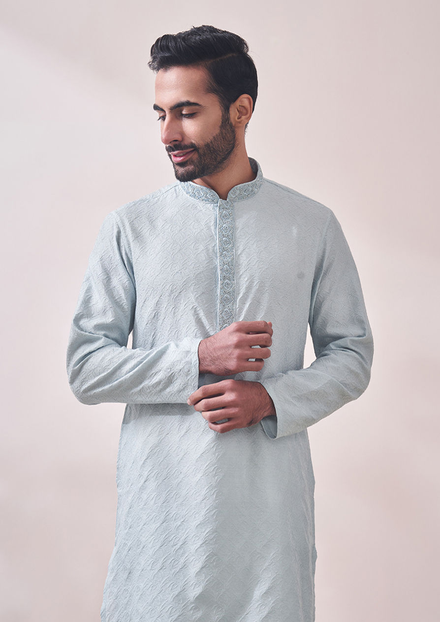 alt message - Twamev Men Powder Blue Kurta Set image number 0