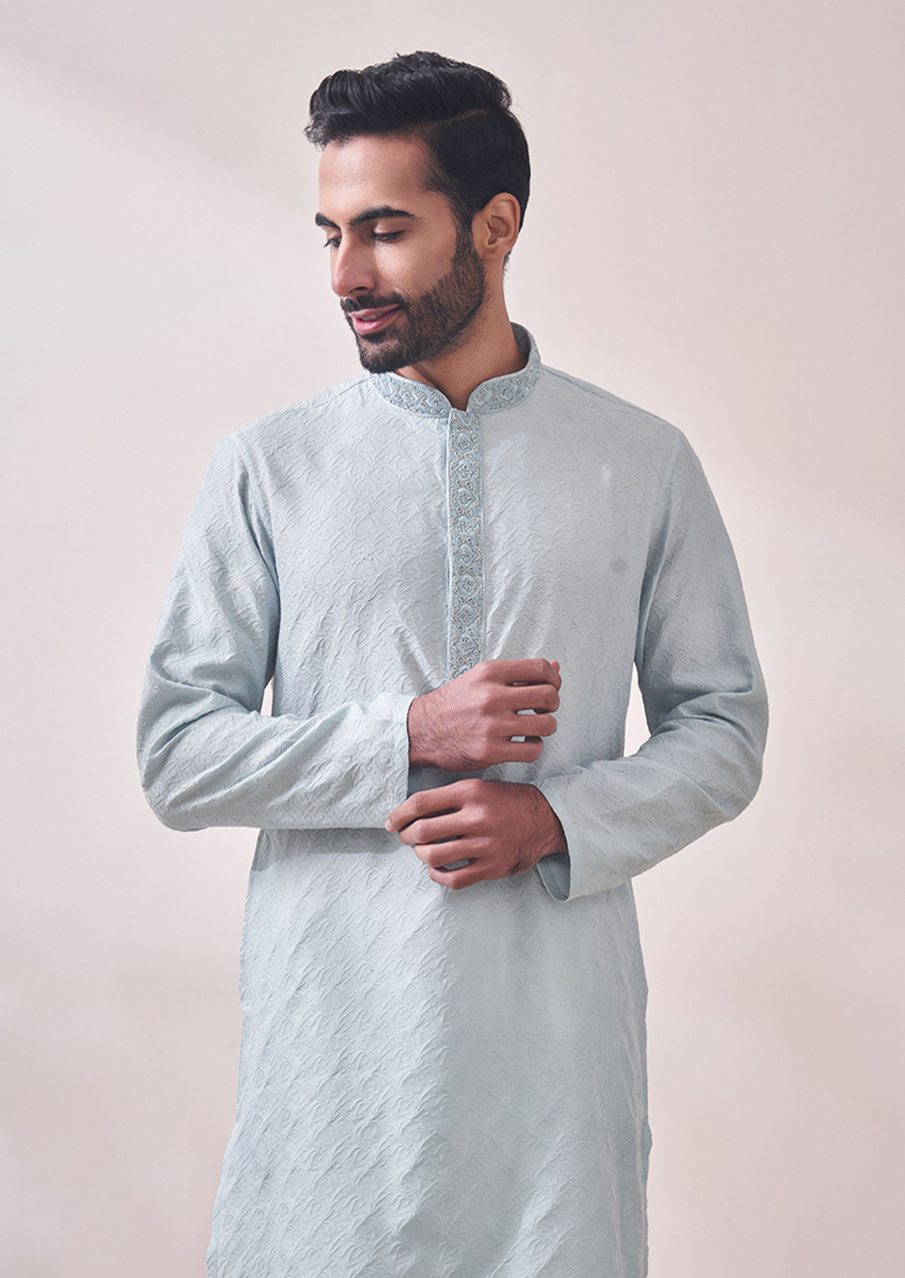 Twamev Men Powder Blue Kurta Set