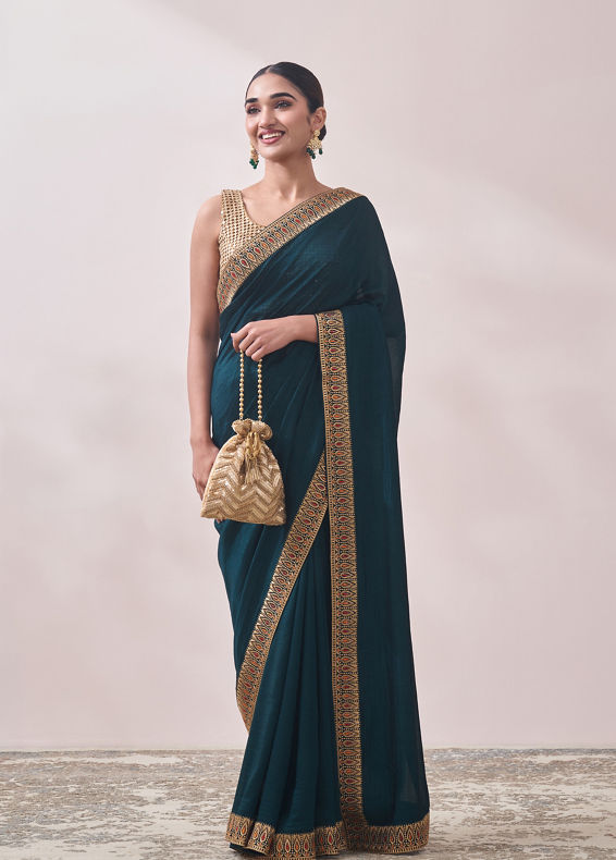 Mohey Women Dark Green Saree with Contrast Border