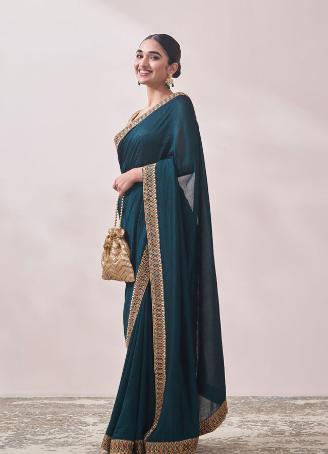 Dark Green Saree with Contrast Border image number 3