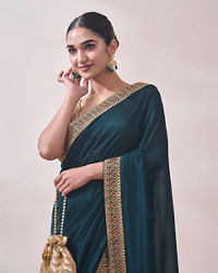 Mohey Women Dark Green Saree with Contrast Border