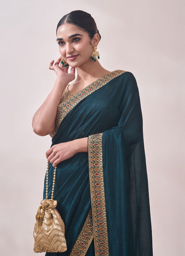 Mohey Women Dark Green Saree with Contrast Border