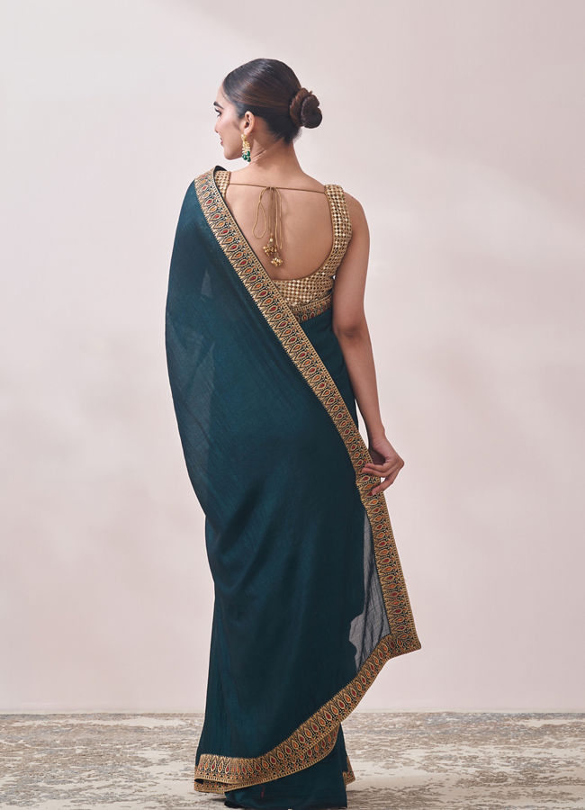 Dark Green Saree with Contrast Border image number 2