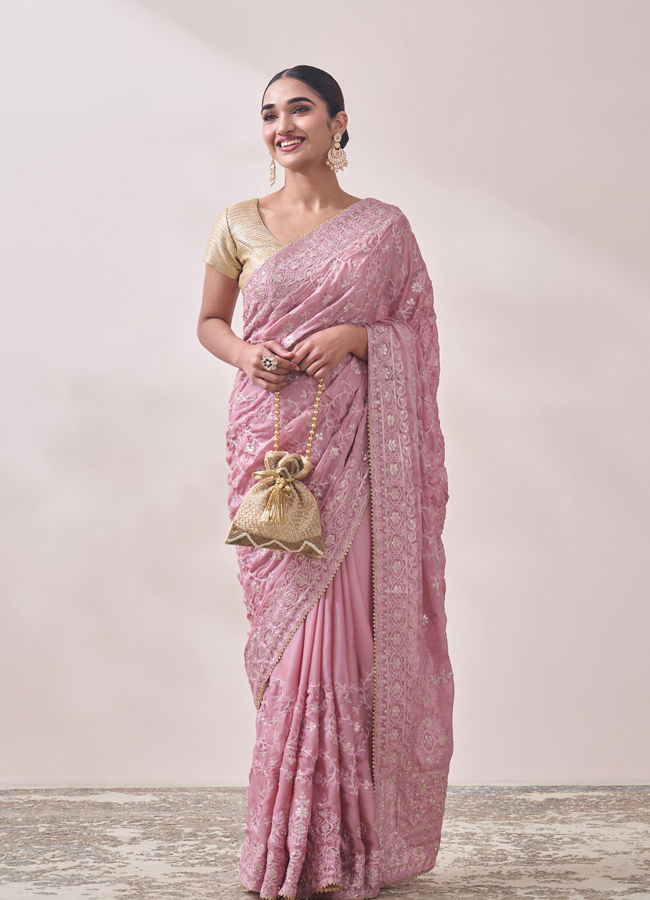Light Pink Embroidered Saree image number 0