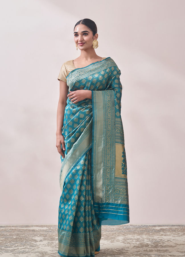 Turquoise Blue Zari Weaved Saree image number 0