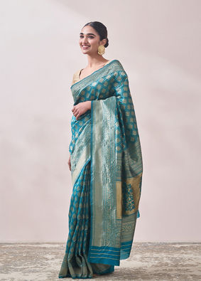 Turquoise Blue Zari Weaved Saree image number 2