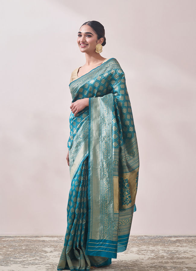 Turquoise Blue Zari Weaved Saree image number 3