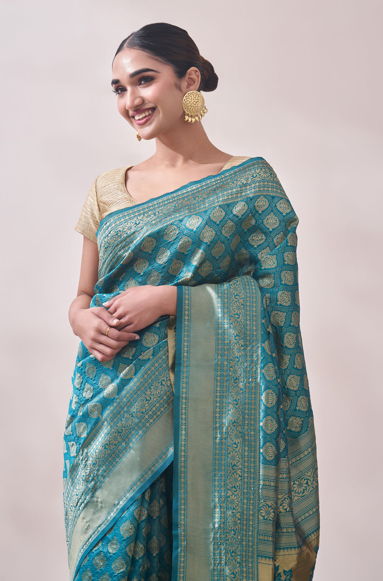 Turquoise Blue Zari Weaved Saree image number 1