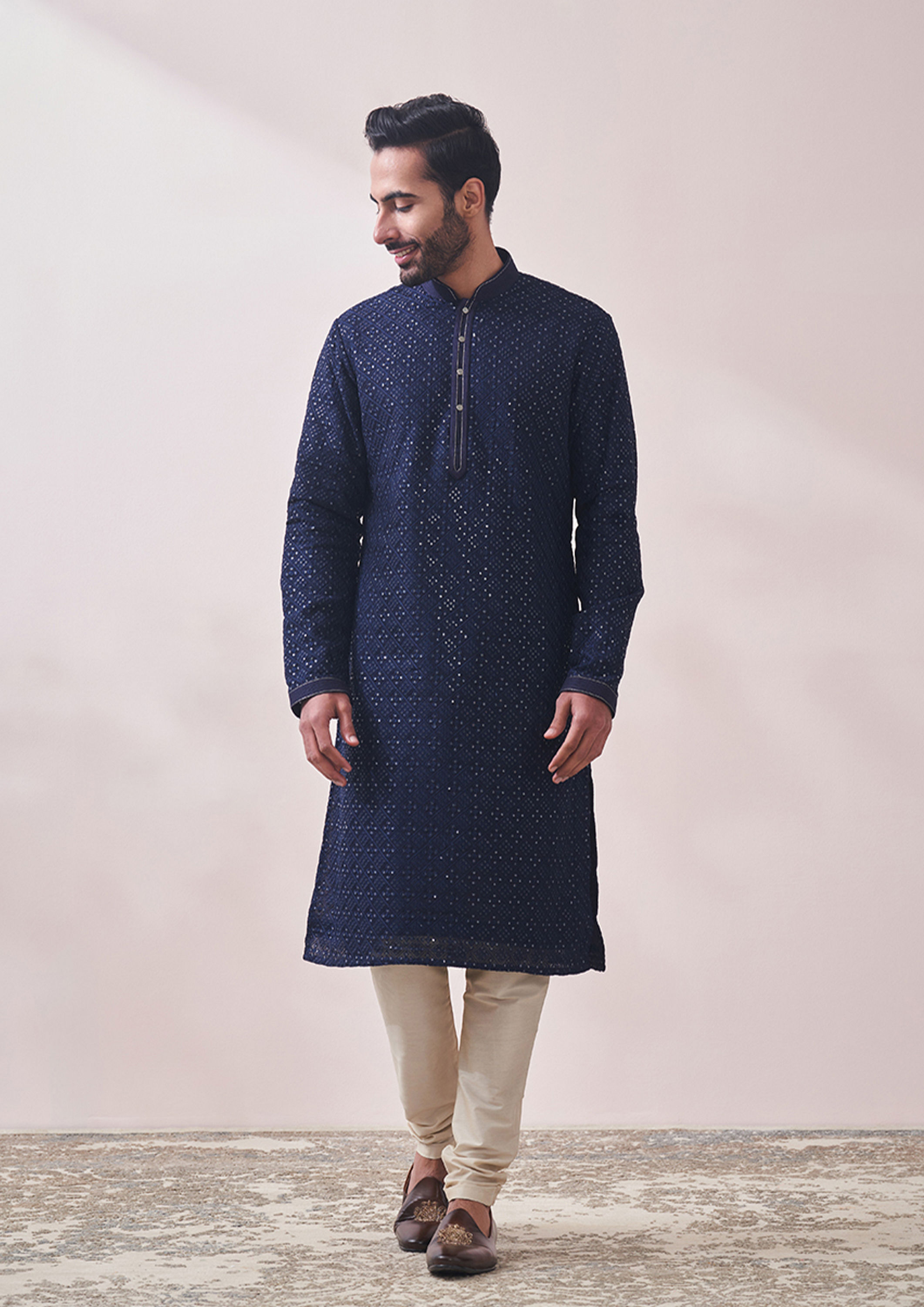 Twamev Men Twilight Blue Chikankari Kurta Set image number 1