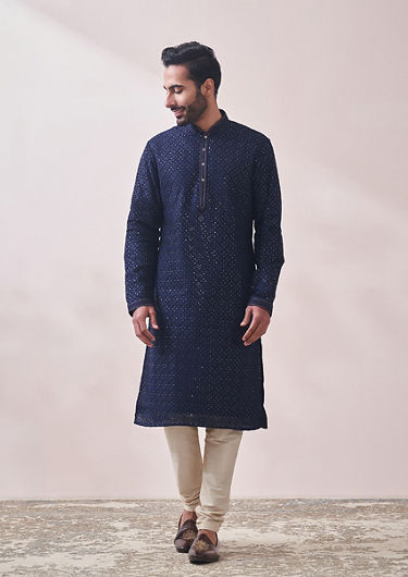 alt message - Twamev Men Twilight Blue Chikankari Kurta Set image number 1