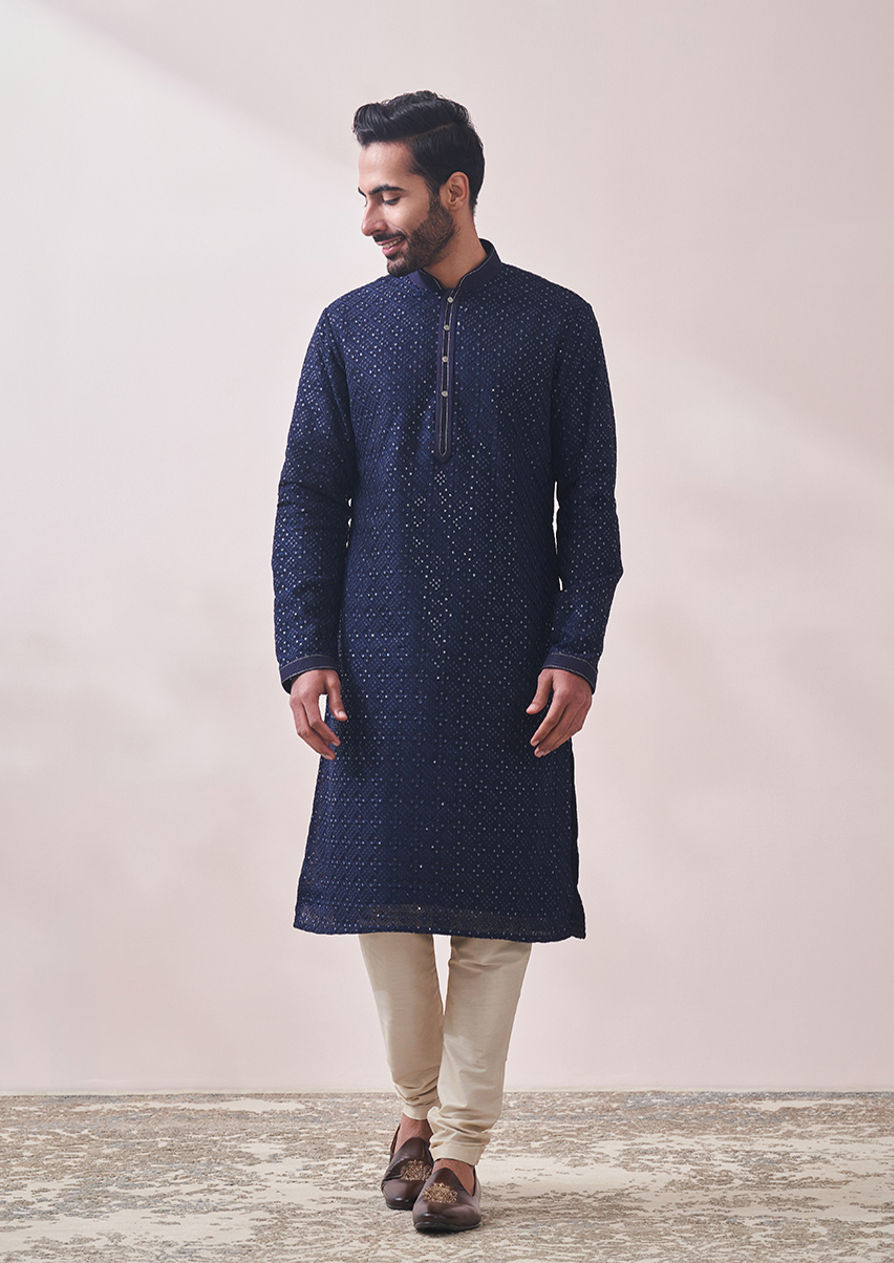 alt message - Twamev Men Twilight Blue Chikankari Kurta Set image number 1