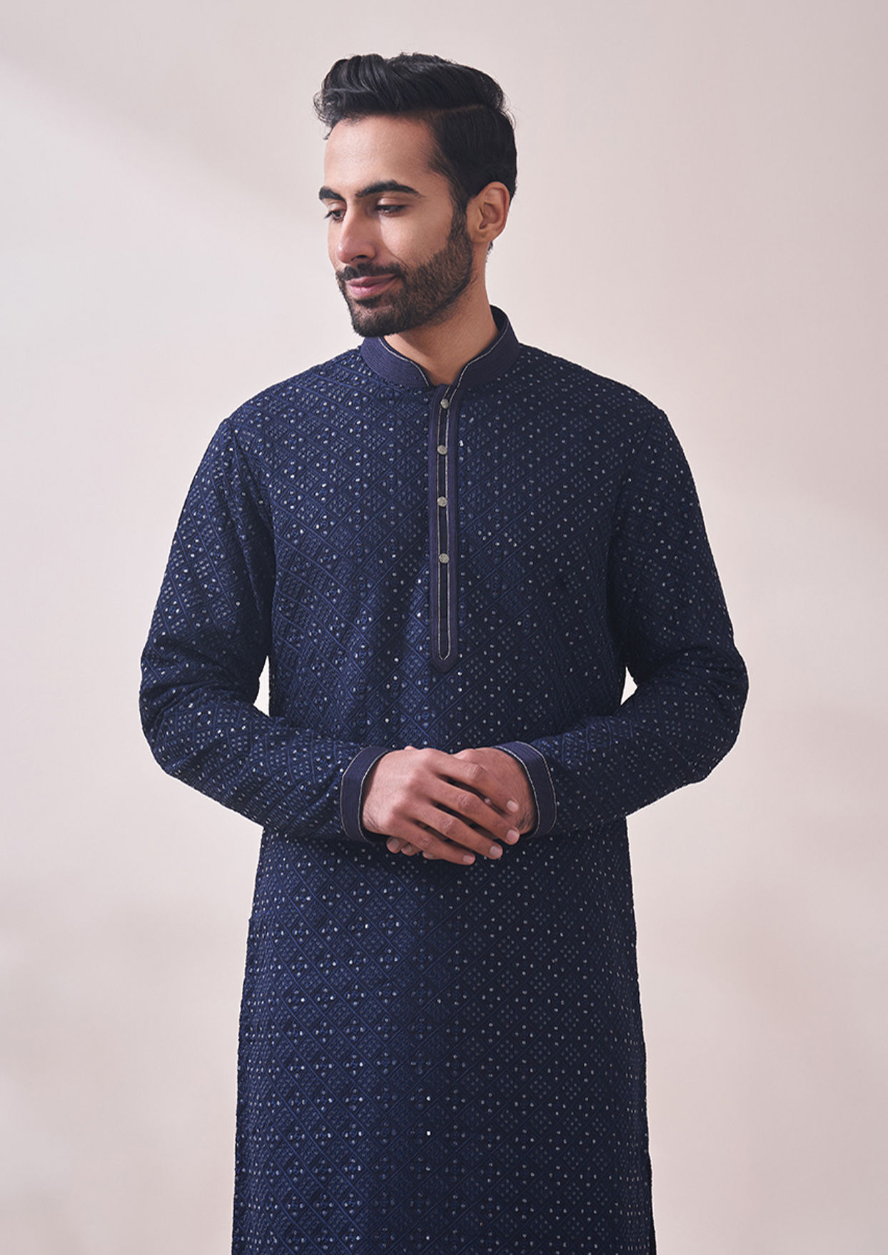 alt message - Twamev Men Twilight Blue Chikankari Kurta Set image number 0