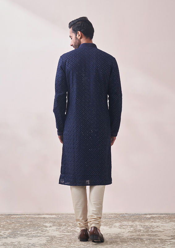 Twamev Men Twilight Blue Chikankari Kurta Set image number 3