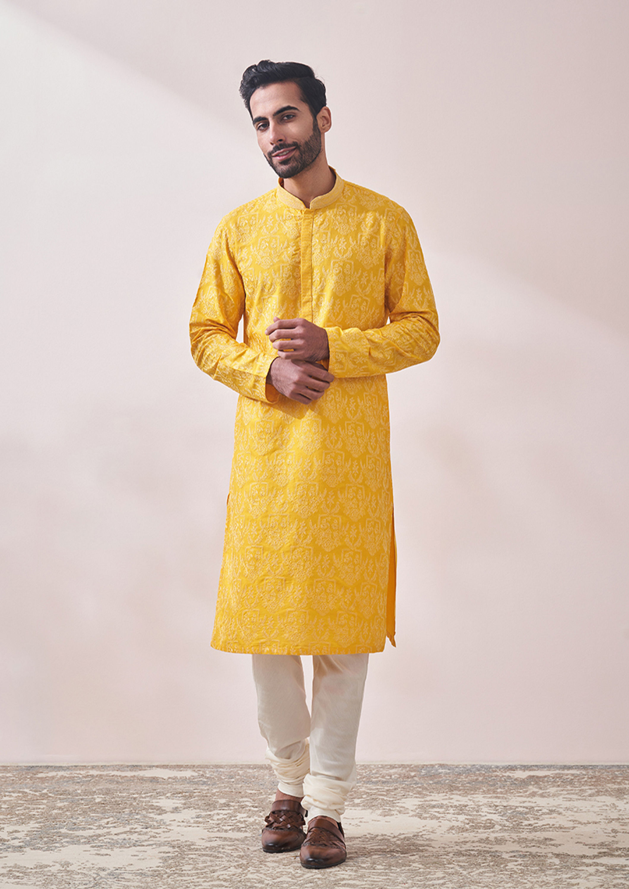 Twamev Men Sunny Yellow Embroidered Kurta Set