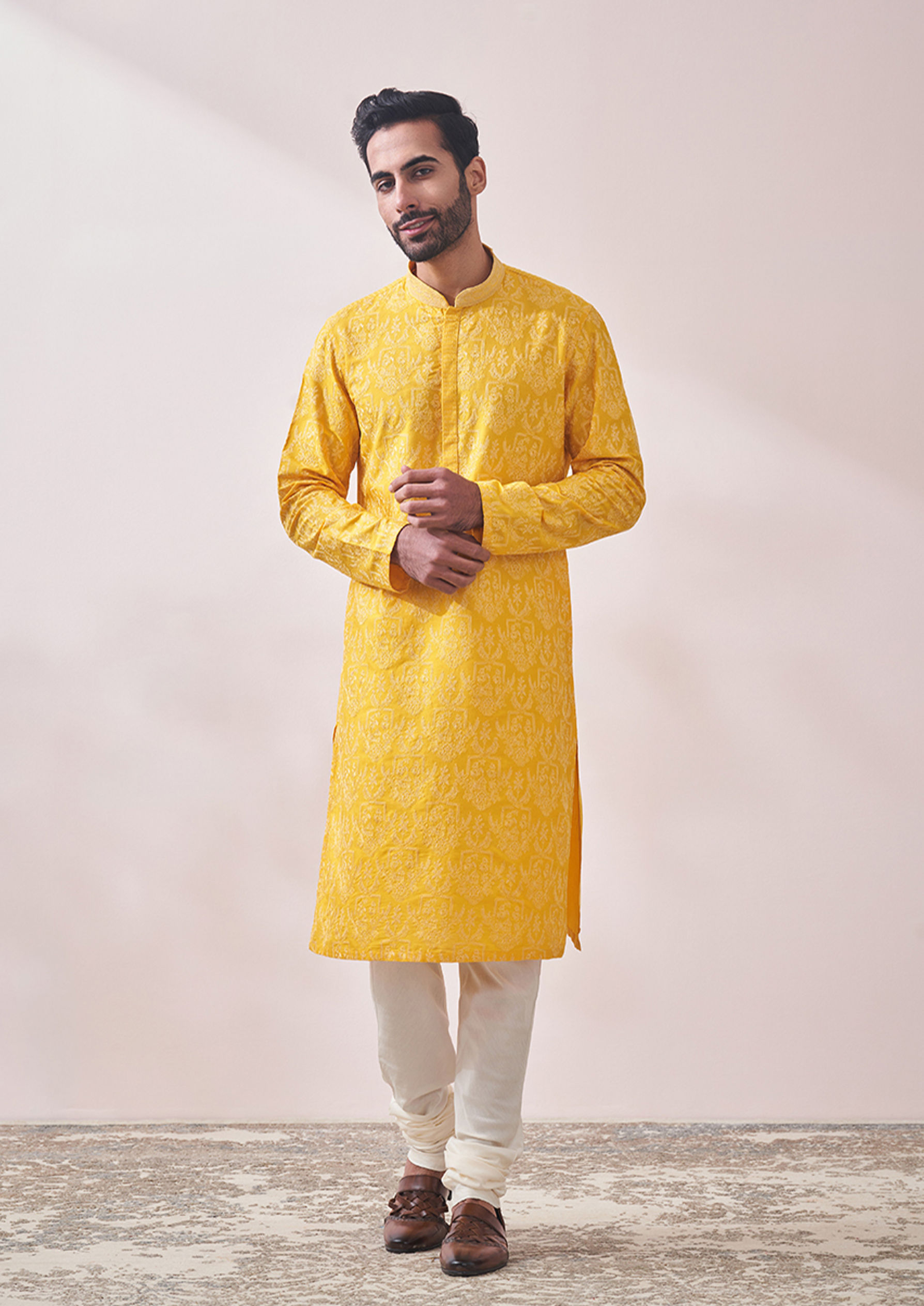 Twamev Men Sunny Yellow Embroidered Kurta Set image number 1