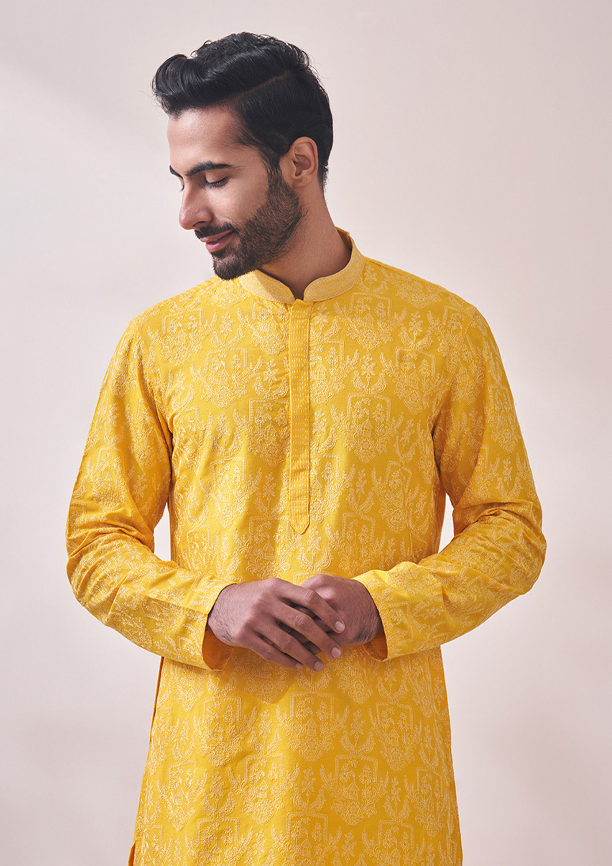 Twamev Men Sunny Yellow Embroidered Kurta Set