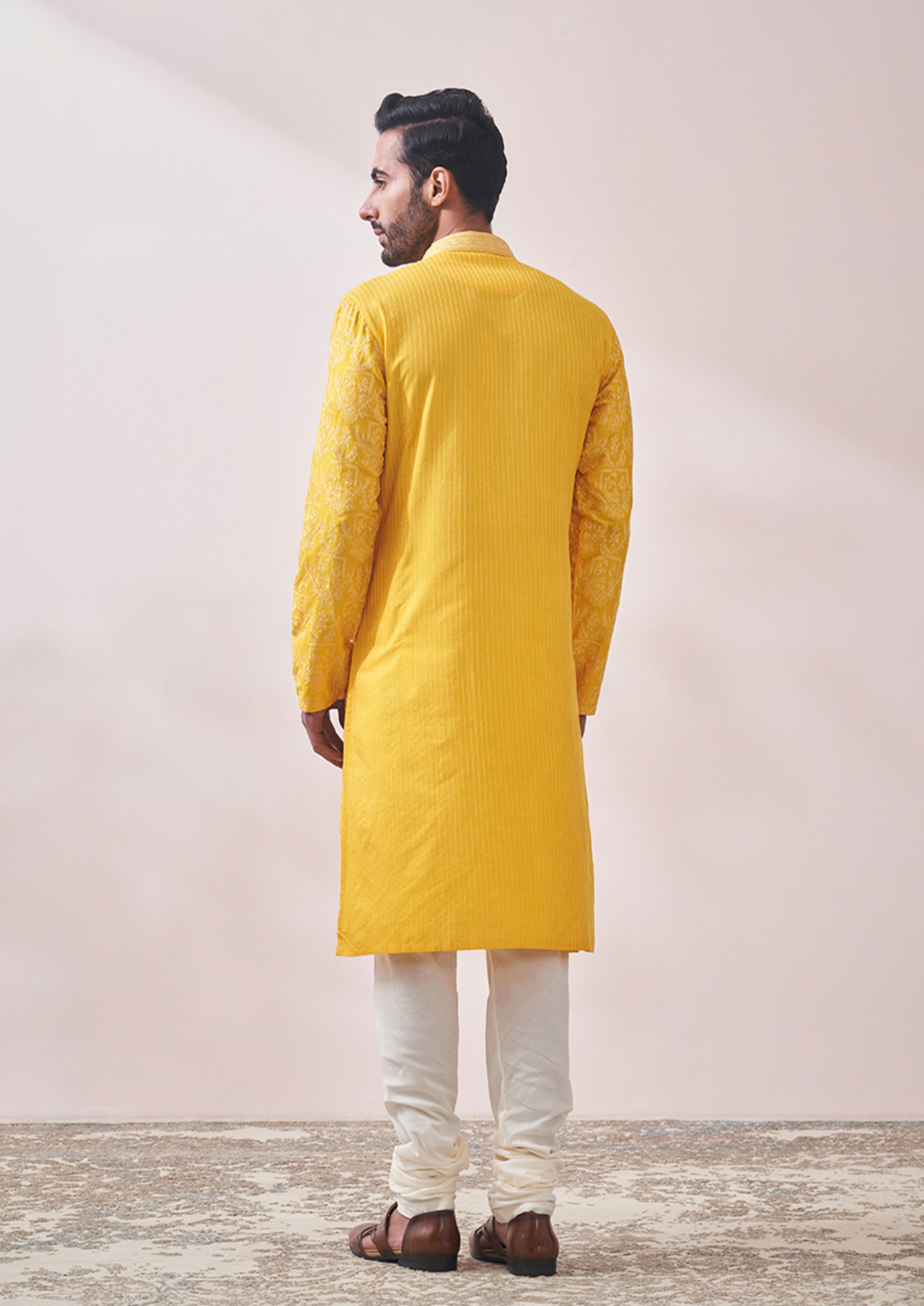 Twamev Men Sunny Yellow Embroidered Kurta Set