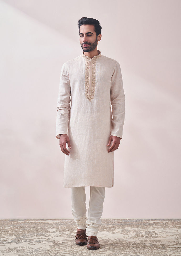 Twamev Men Minimal Cream Designed Kurta Set
