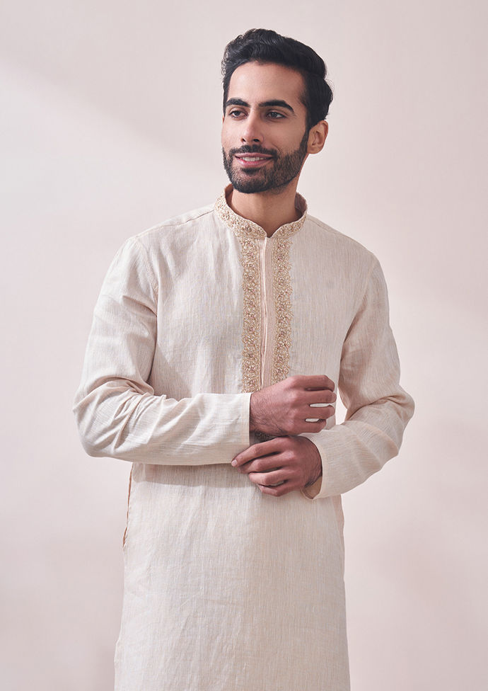 Twamev Men Minimal Cream Designed Kurta Set
