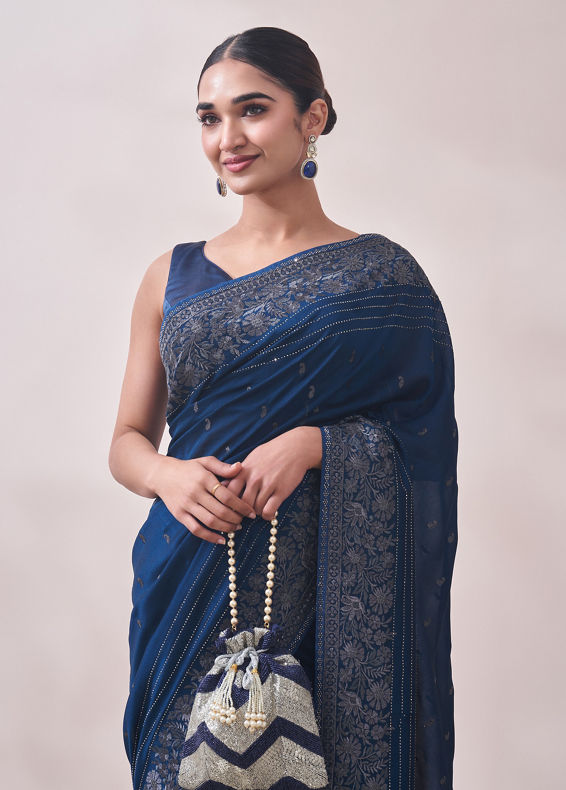 Mohey Women Sapphire Blue Paisley Design Saree