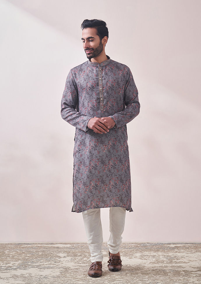 Twamev Men Lava Grey Vine Printed Kurta Set