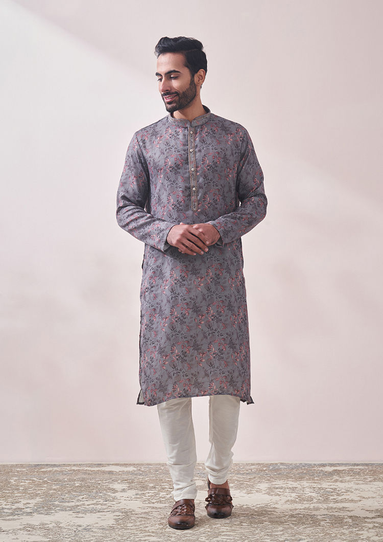 Twamev Men Lava Grey Vine Printed Kurta Set
