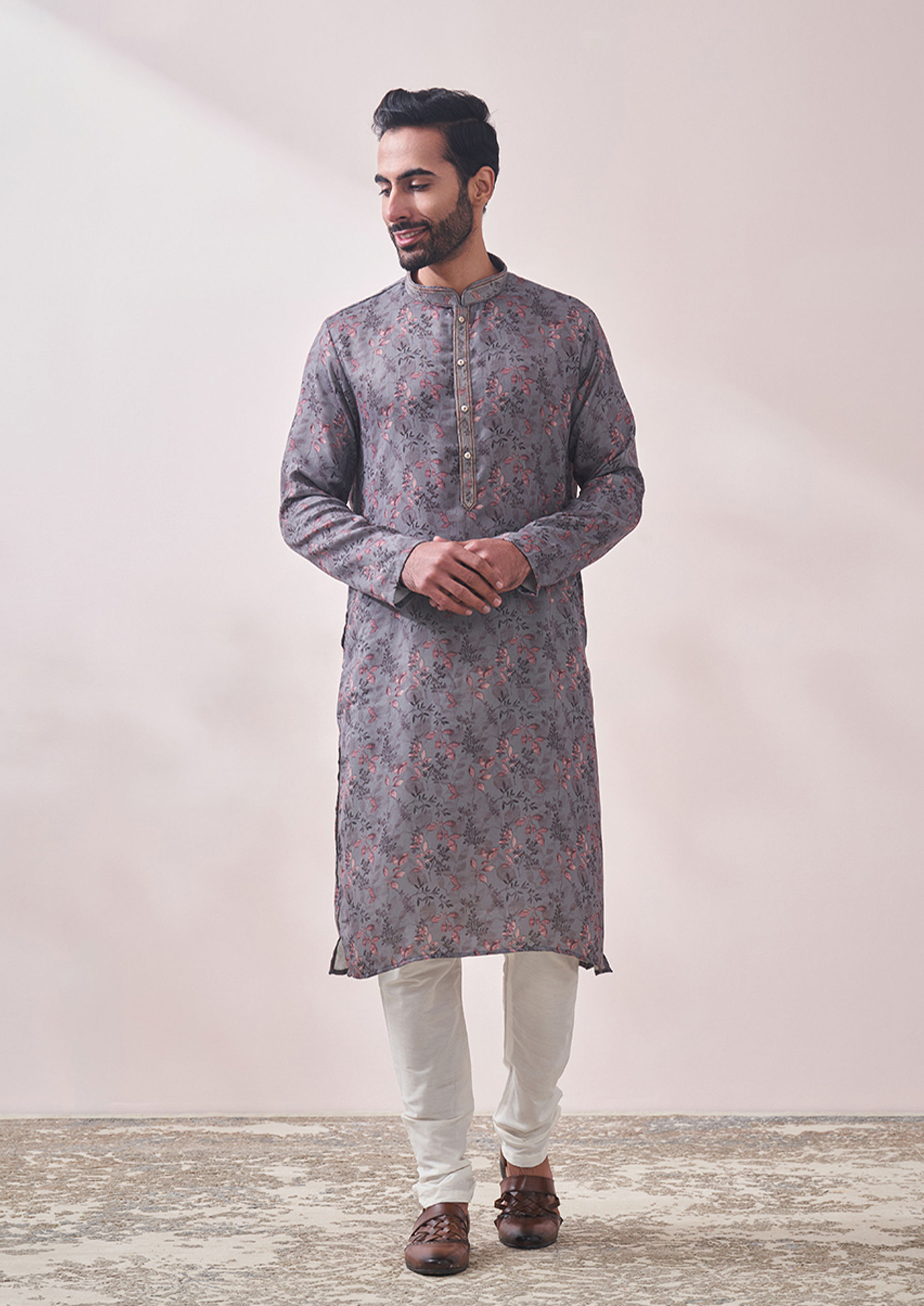 Twamev Men Lava Grey Vine Printed Kurta Set