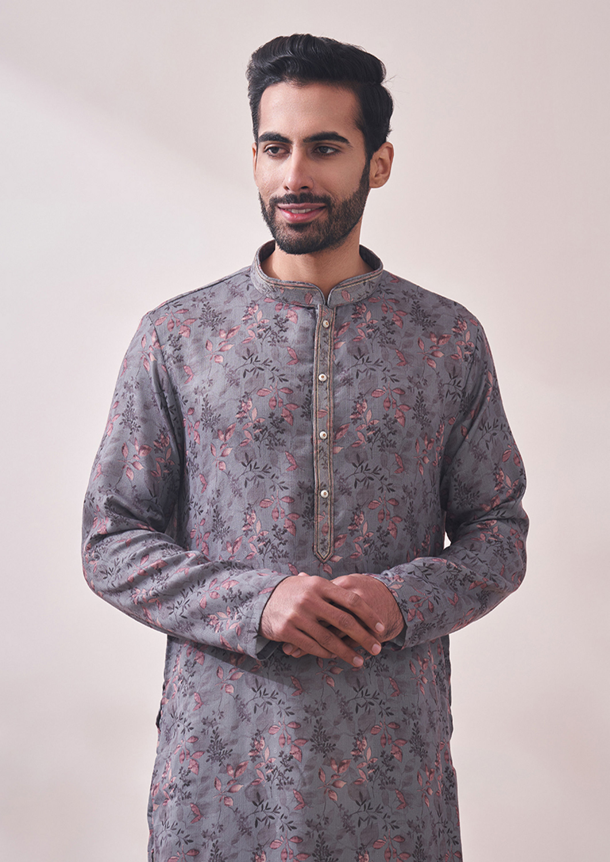 Twamev Men Lava Grey Vine Printed Kurta Set
