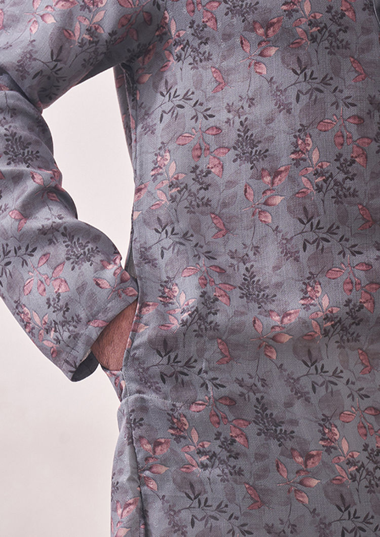 Twamev Men Lava Grey Vine Printed Kurta Set