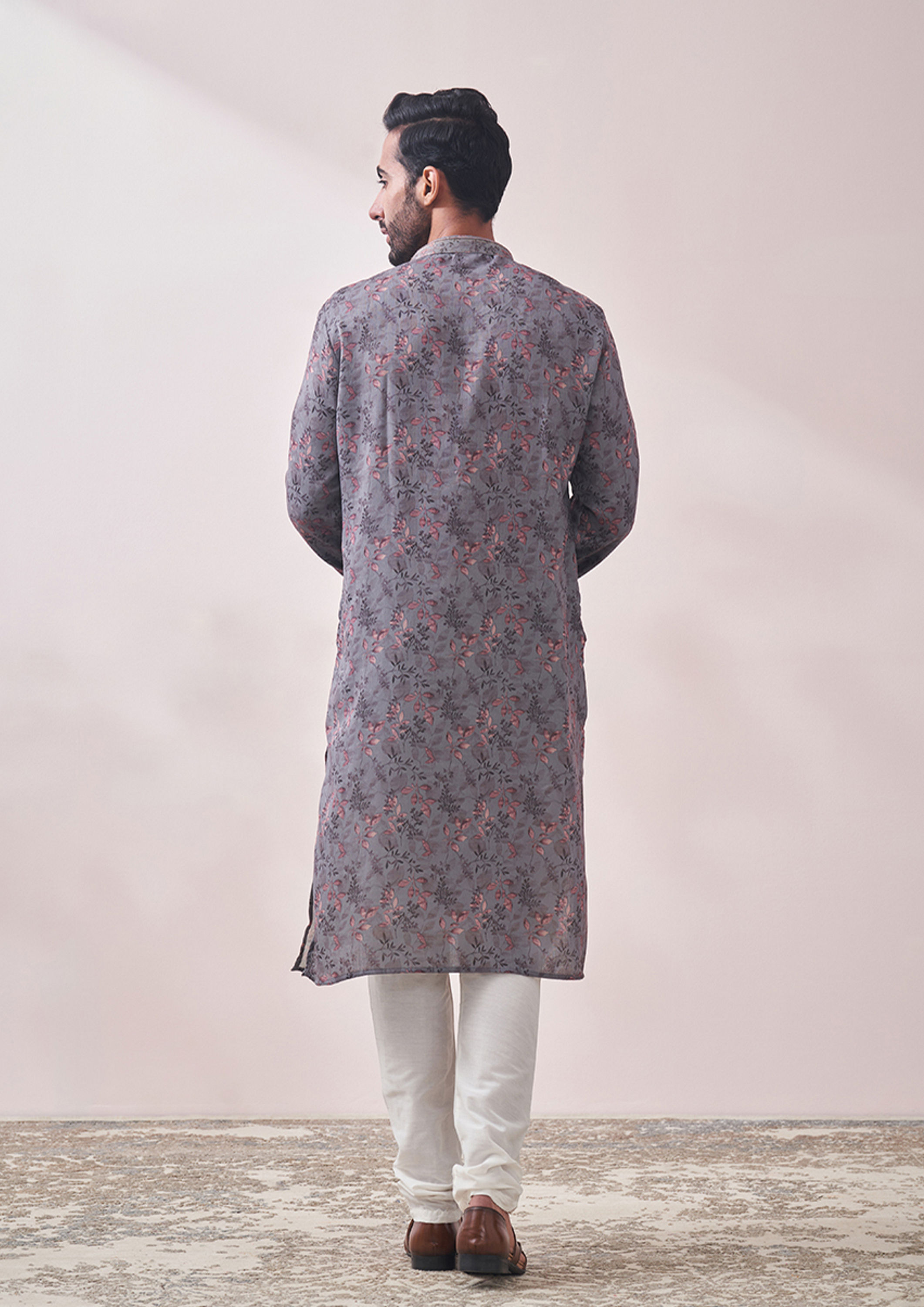 Twamev Men Lava Grey Vine Printed Kurta Set