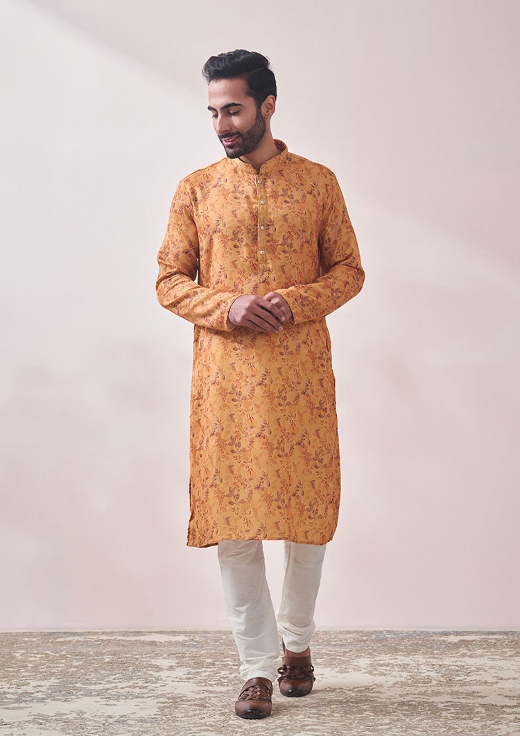 Twamev Men Light Orange Printed Kurta Set