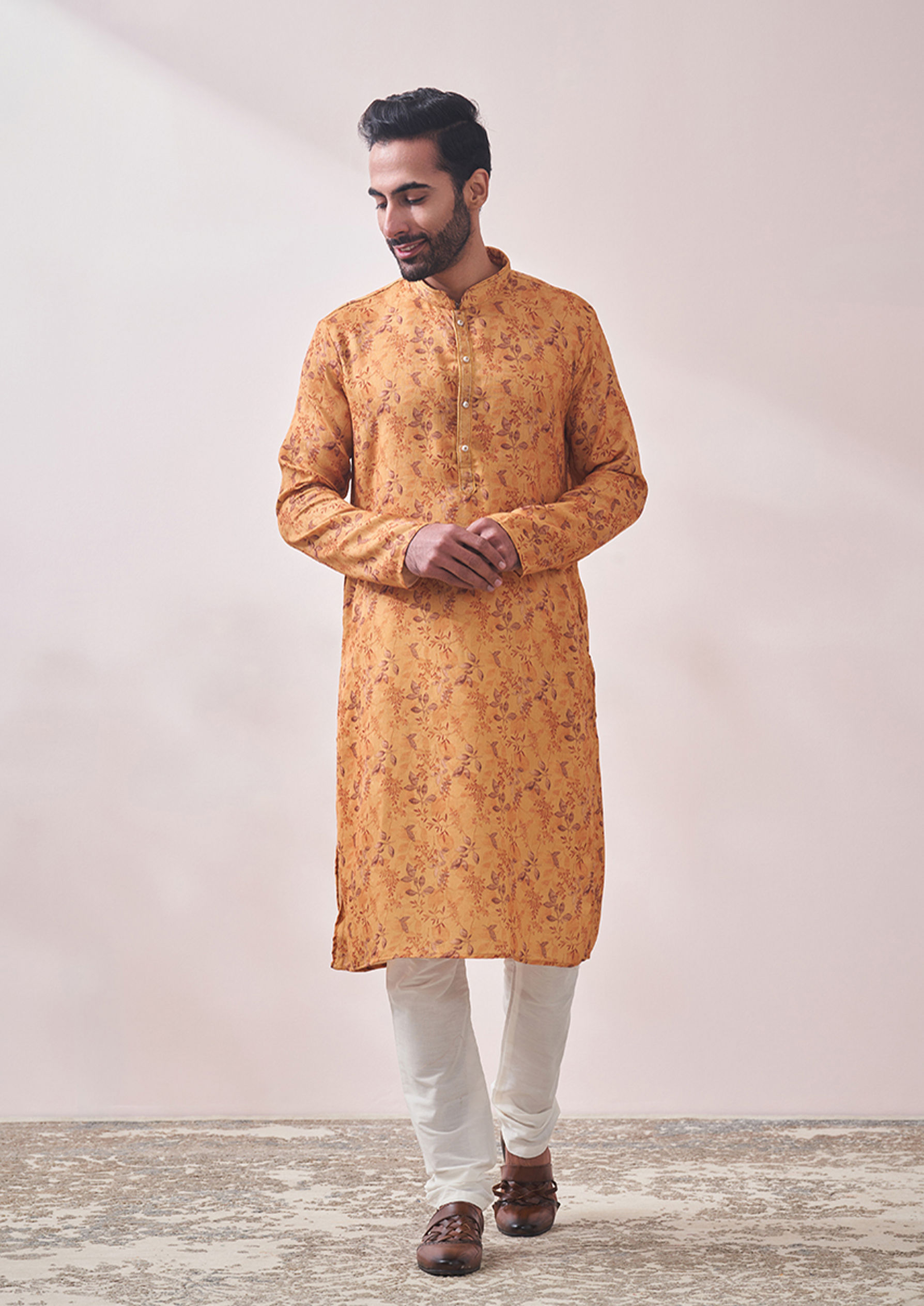 Twamev Men Light Orange Printed Kurta Set